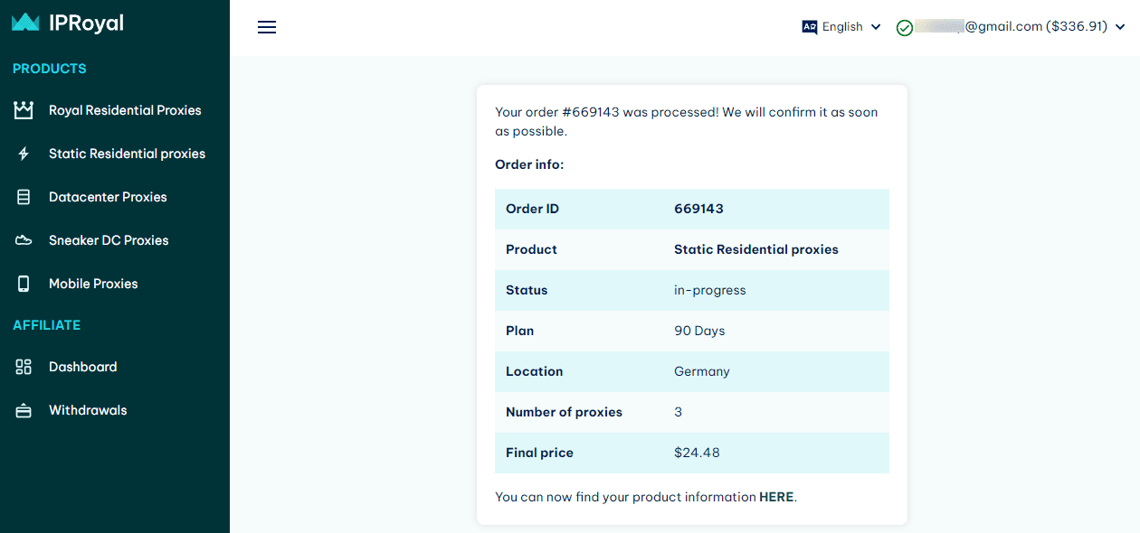 IPRoyal Services FZE LLC order details