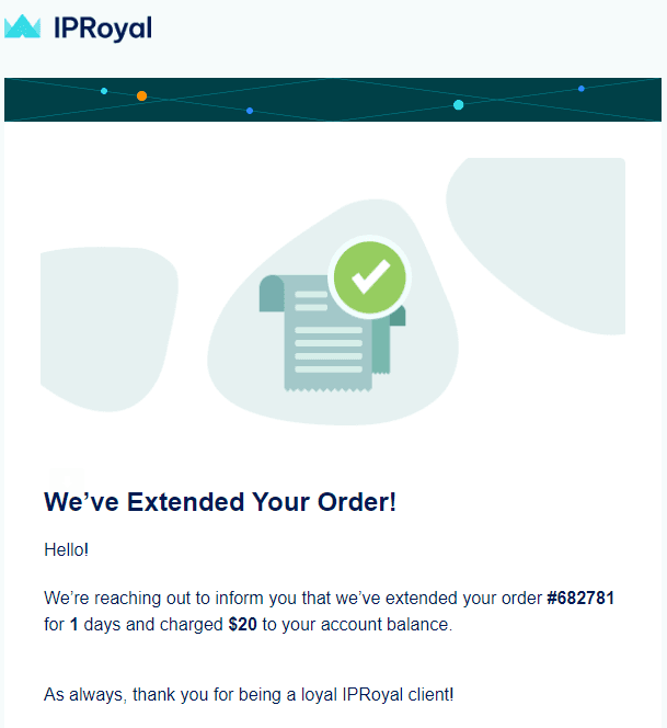 IPRoyal order extension confirmation email