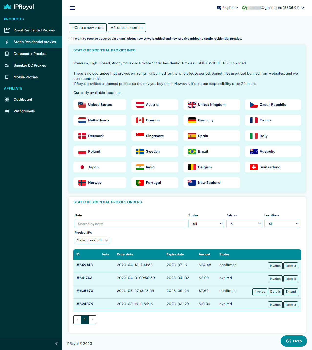 IPRoyal static residential proxies dashboard