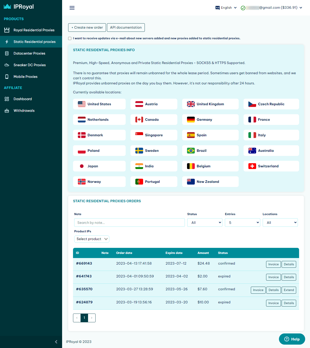 IPRoyal Services FZE LLC static residential proxies dashboard