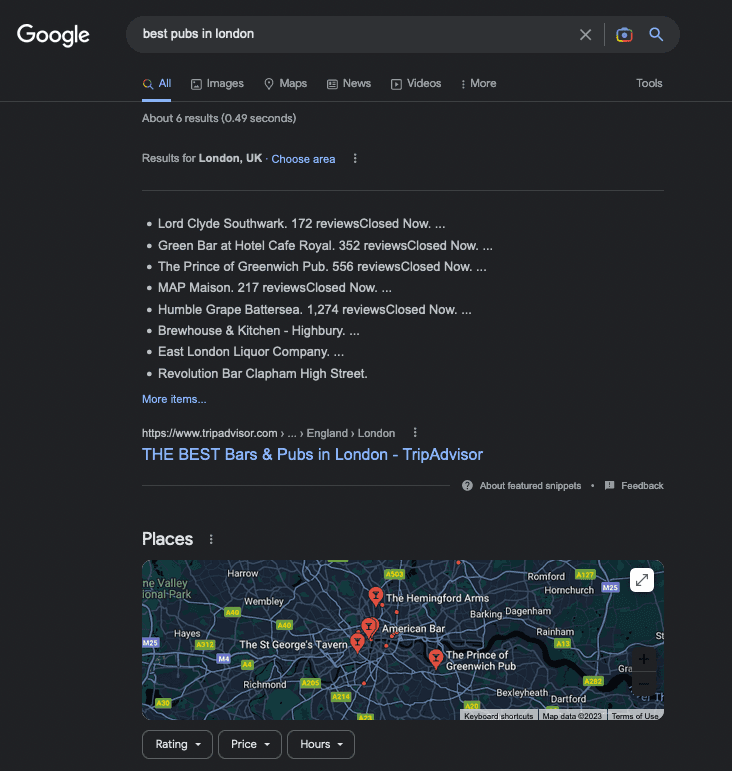 google results for best pubs in London