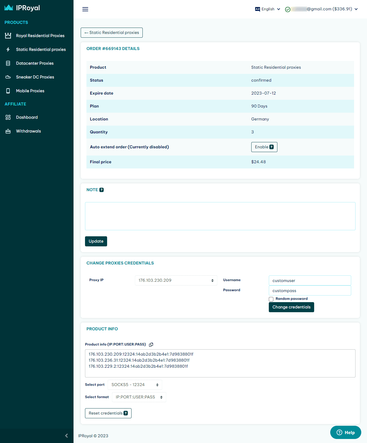 IPRoyal Services FZE LLC static residential proxies configuration page