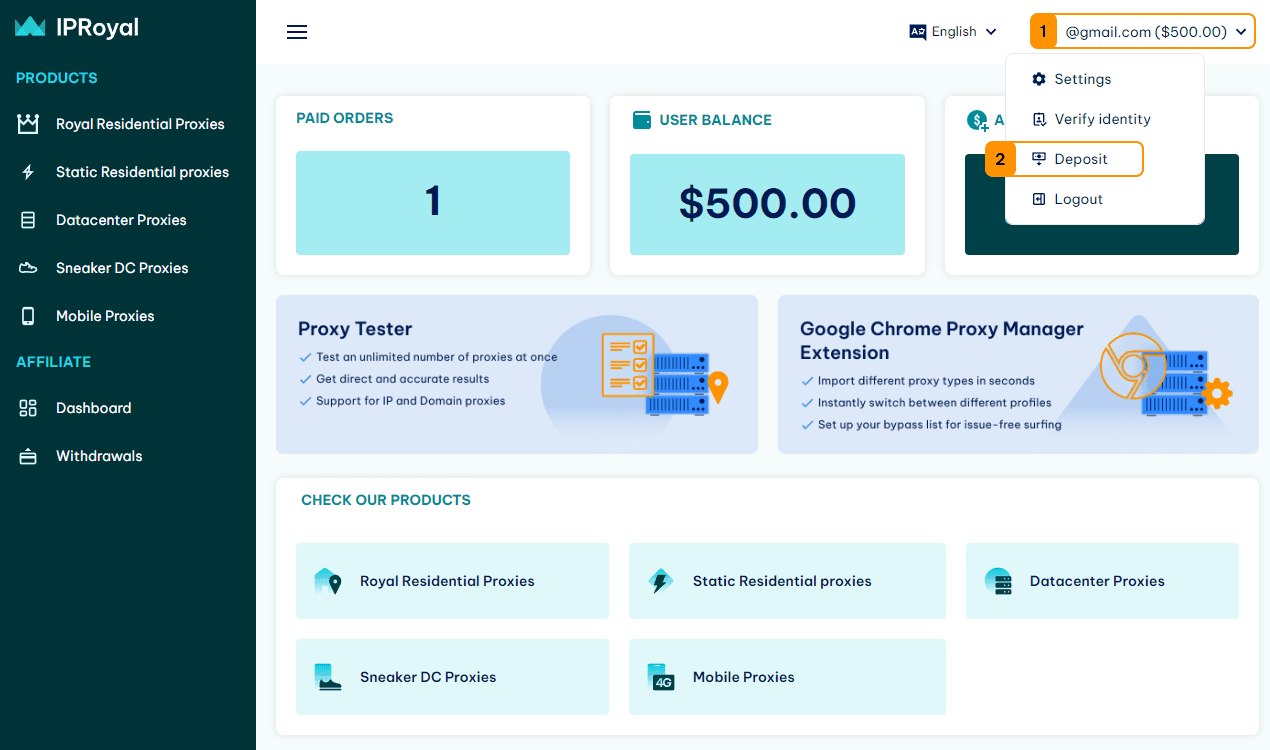 deposit funds on IPRoyal