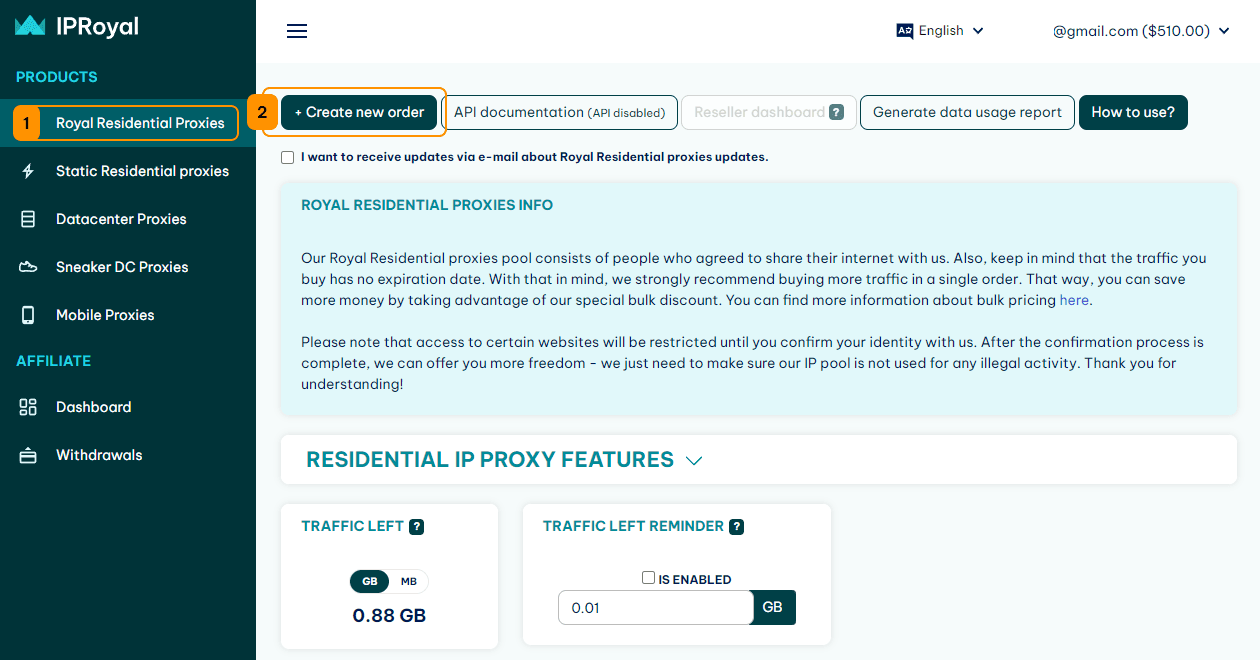 creating a new order for residential proxies on IPRoyal