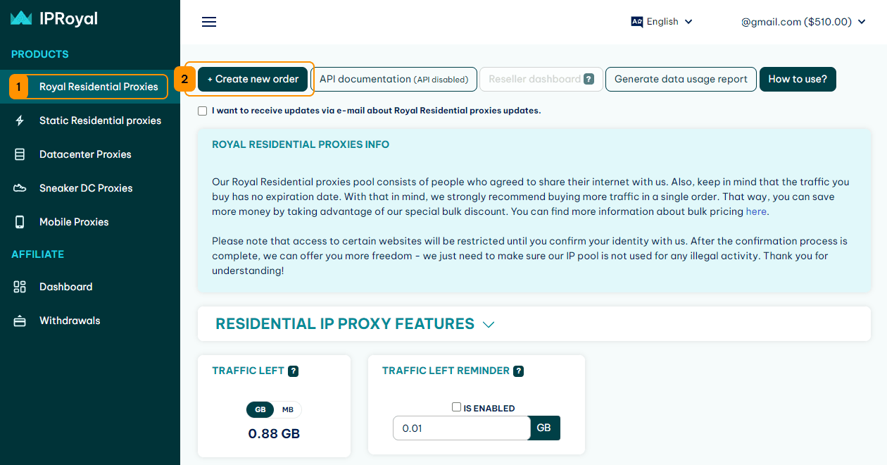 creating a new order for residential proxies on IPRoyal Services FZE LLC