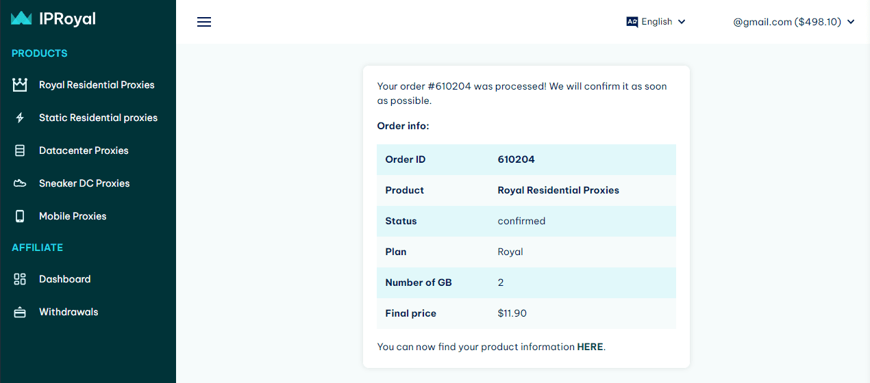 IPRoyal Services FZE LLC order confirmation