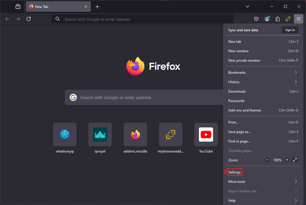 Mozilla Firefox main window with the browser menu open