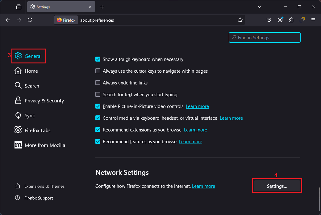 Mozilla Firefox settings menu showing General and Network Settings