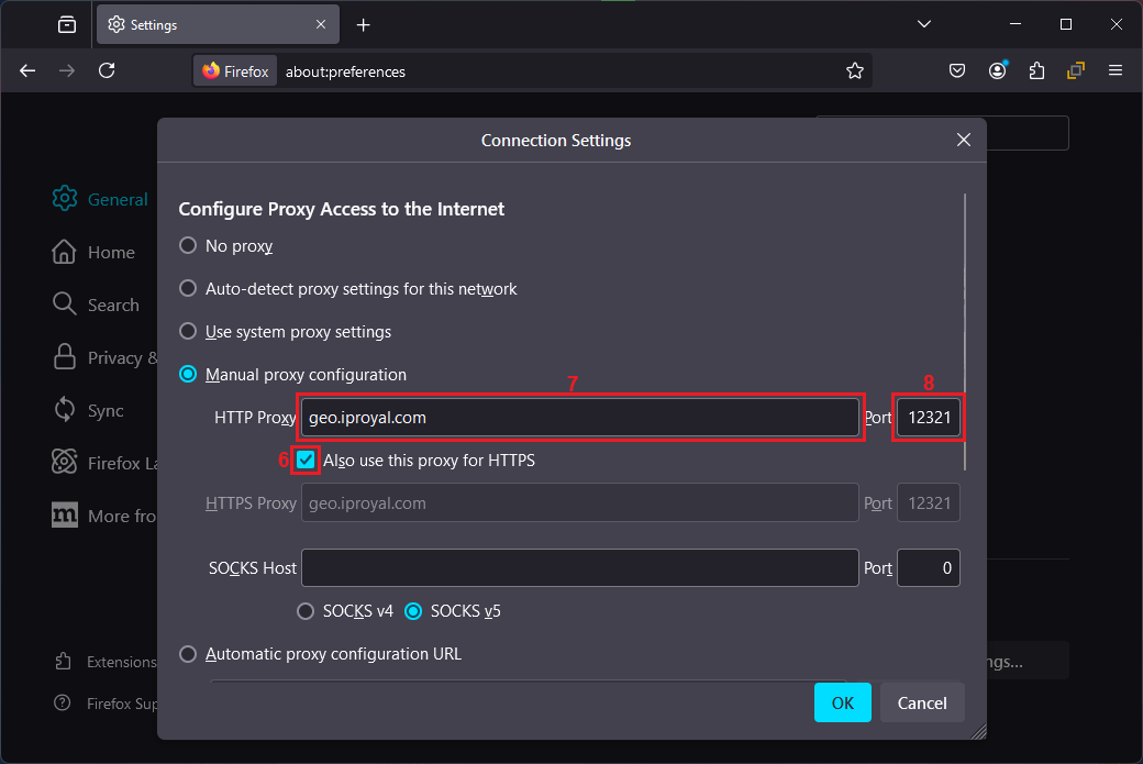 Mozilla Firefox settings window showing proxy server settings for HTTP and HTTPS proxies