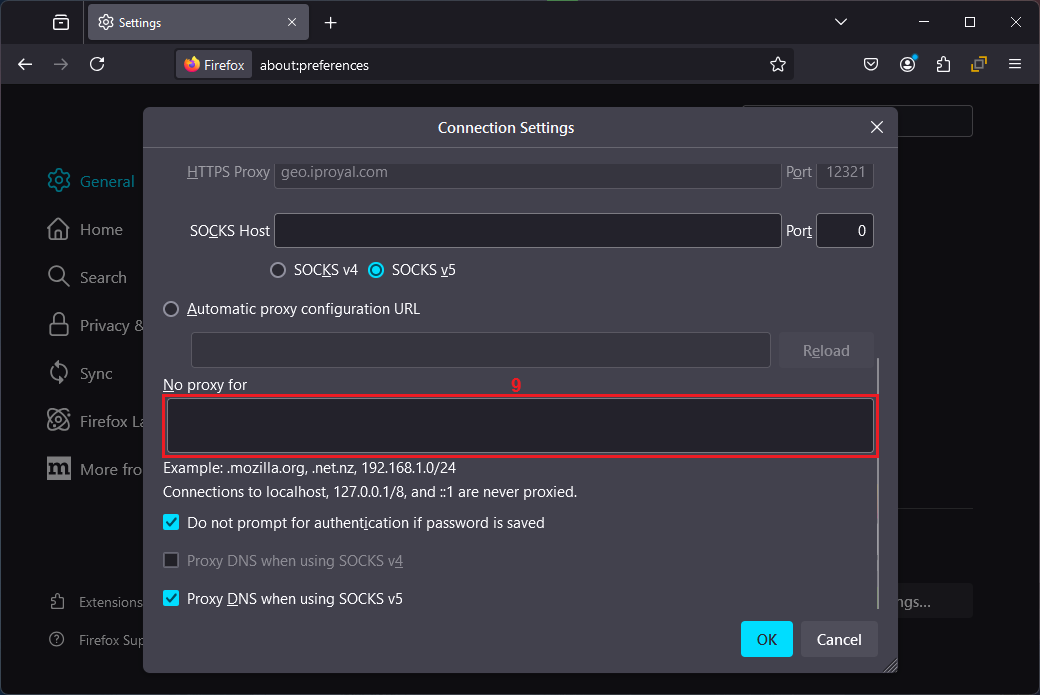 Mozilla Firefox settings window showing proxy server settings with the option to skip using proxies for specified URLs