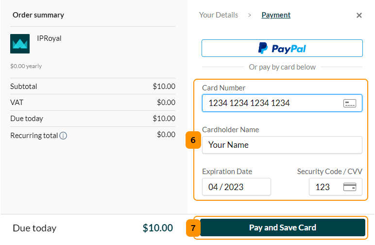 IPRoyal Services FZE LLC entering credit card info