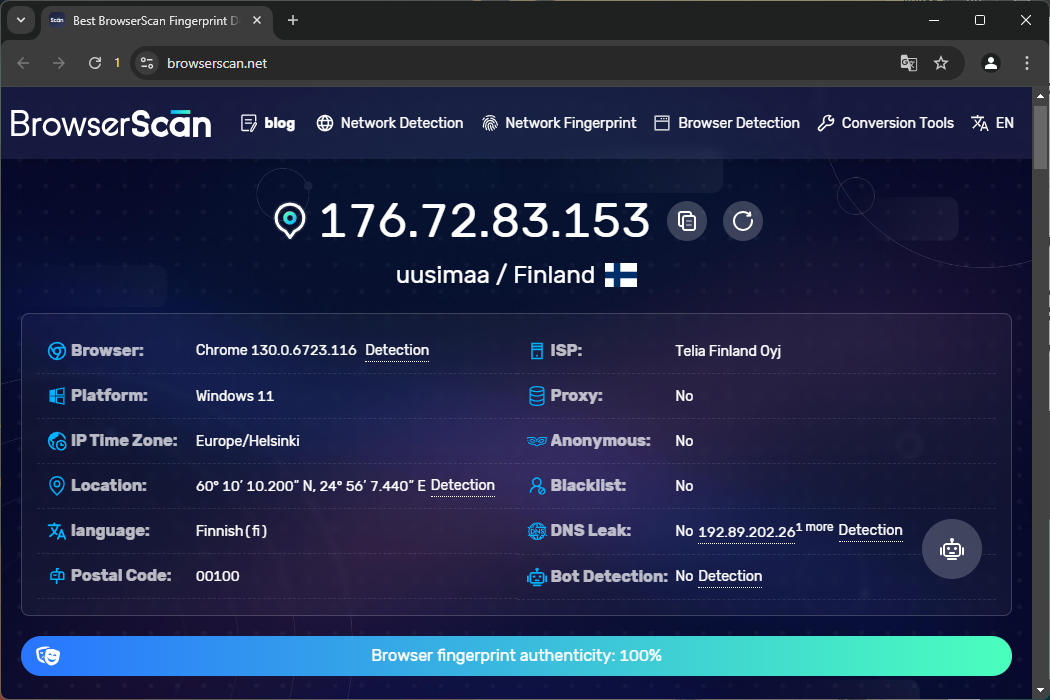 Testing an AdsPower browser profile authenticity with BrowserScan