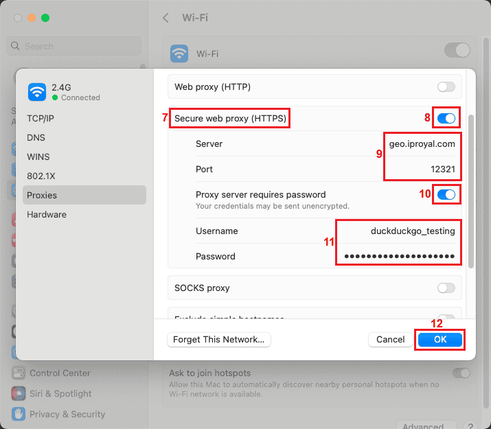 Configuring a secure web proxy (HTTPS) for a Wi-Fi connection on MacOS Sonoma