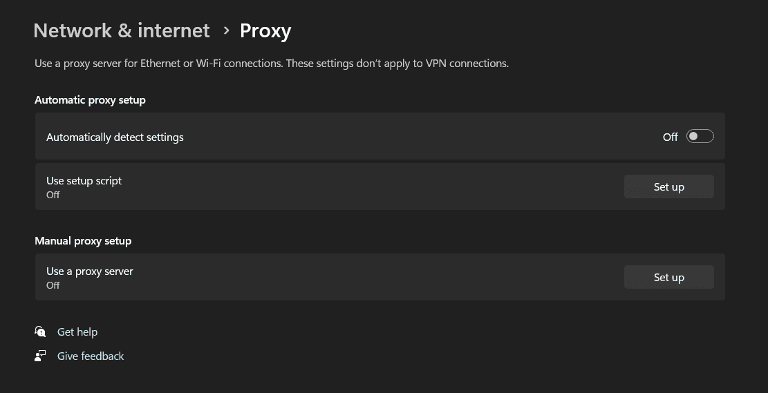 Proxy settings window in Windows 11