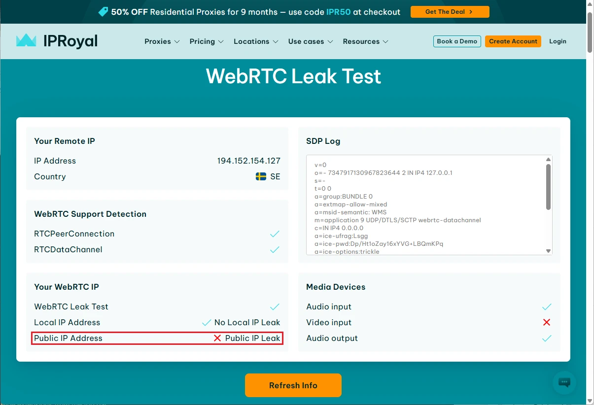 webrtc leak test results with an active proxy