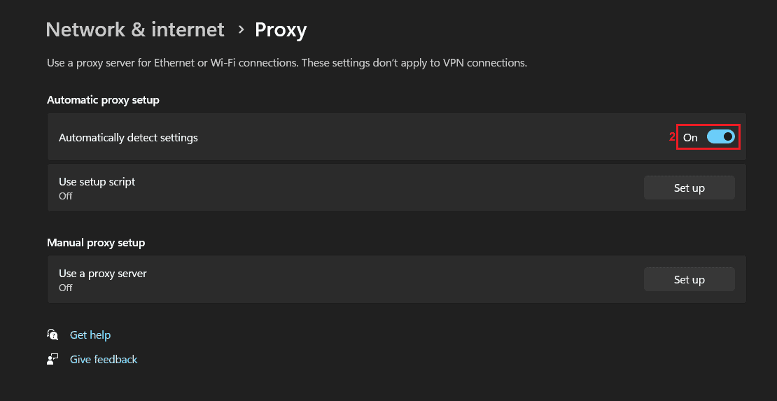 Proxy setting window in Windows 11 with Automatic proxy settings turned on