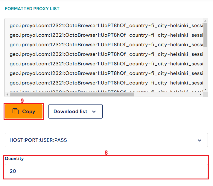 IPRoyal&#39;s formatted proxy list with customizable quantity and proxy format