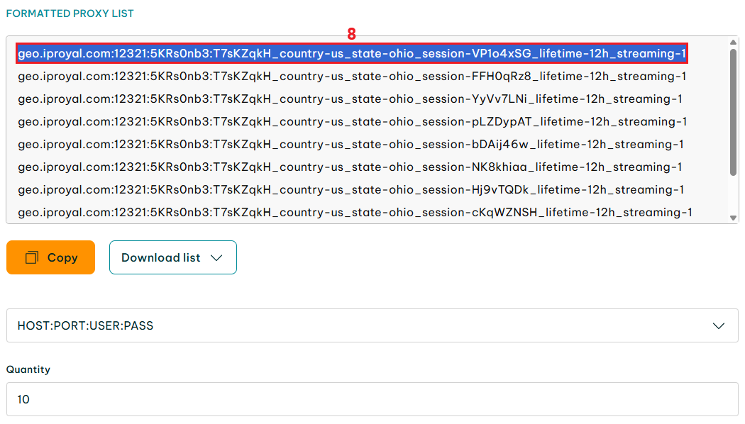 IPRoyal formatted proxy list section