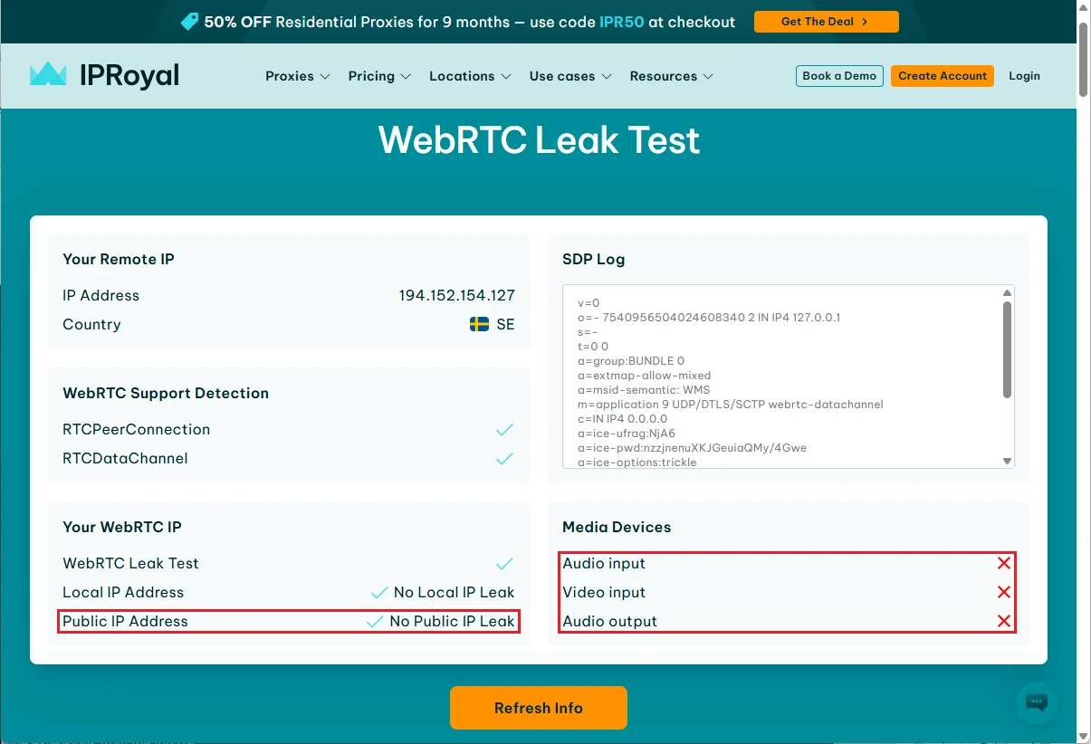 webrtc leak test results with no IP leaks