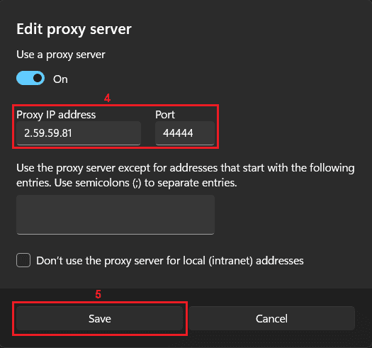 Configuring a proxy server in Windows 11 using manual proxy settings