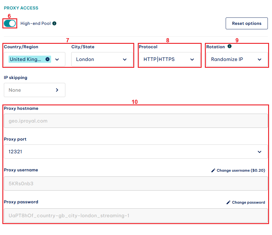 configuring a proxy server in the IPRoyal dashboard