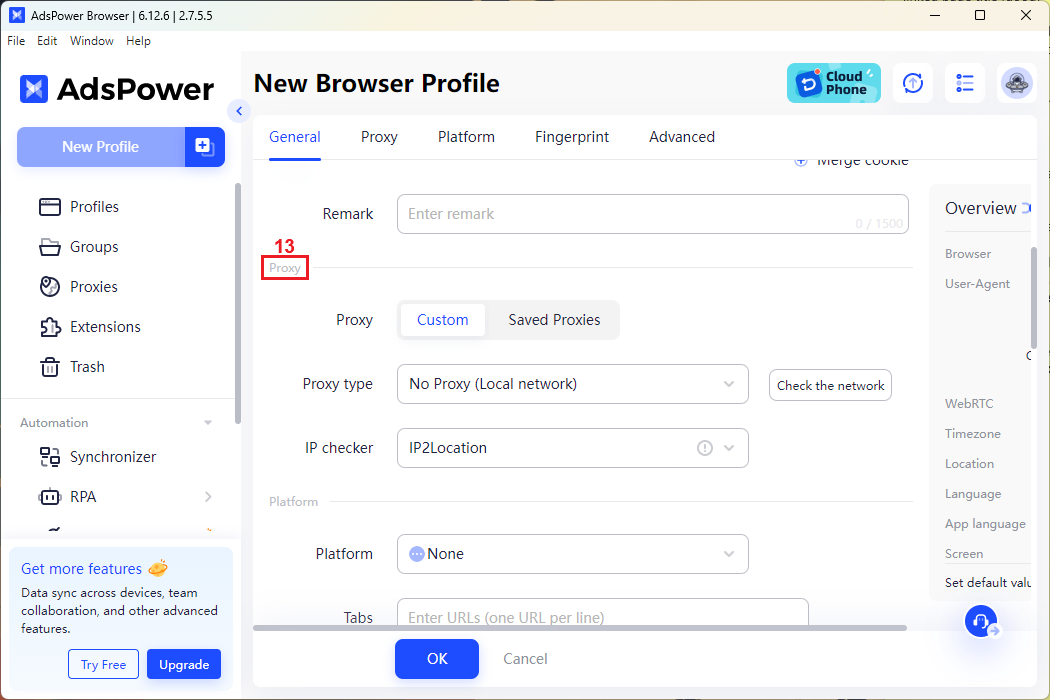 Configuring a profile in AdsPower with proxy settings