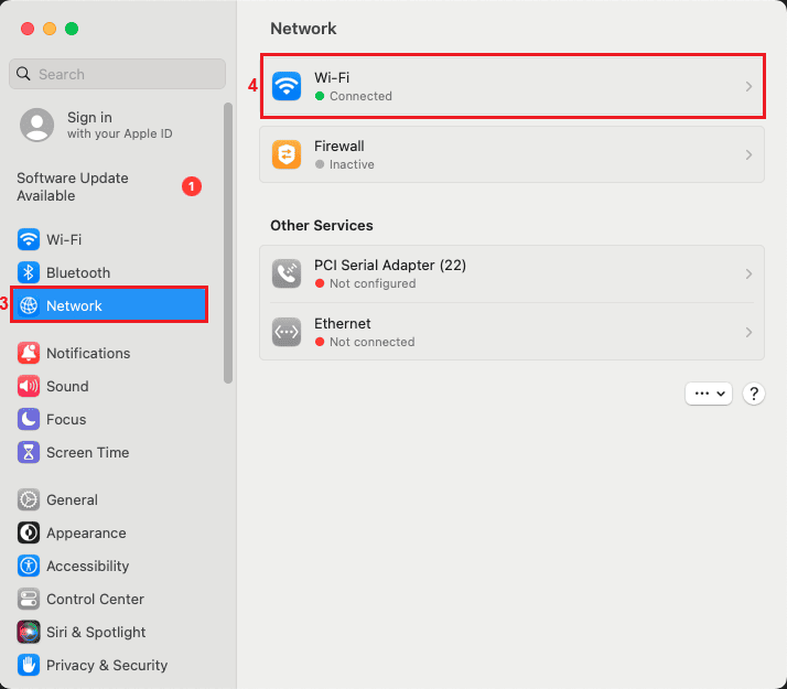 MacOS Ventura Network settings with a list of available and active connections