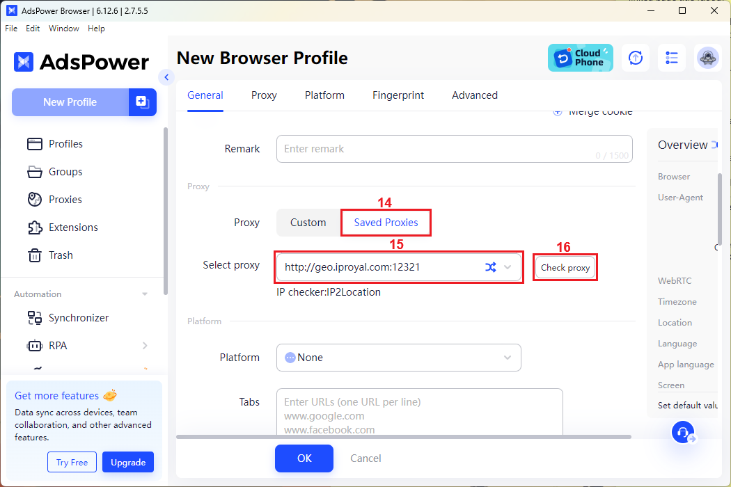 Adding a saved proxy to a browser profile in AdsPower