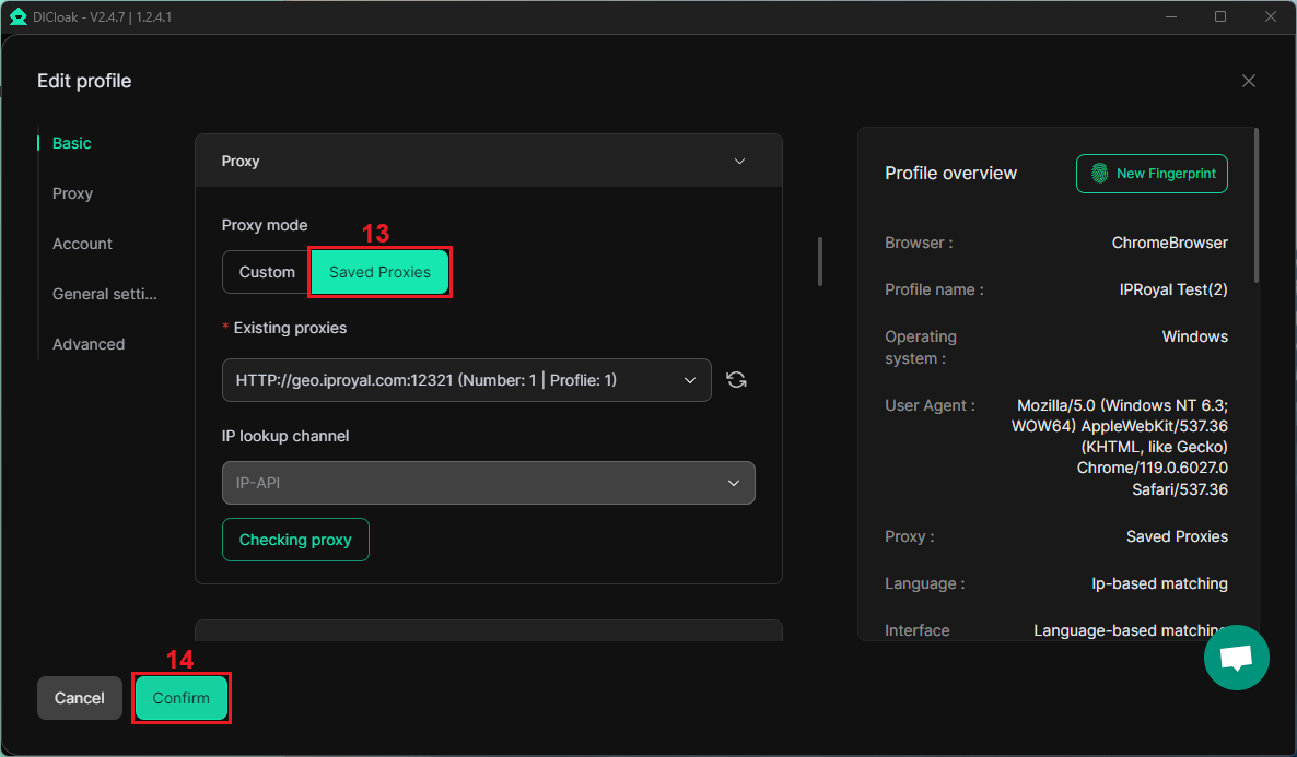 dicloak profile configuration with proxy options