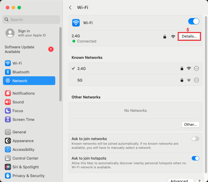 MacOS Sonoma Wi-Fi settings and active networks