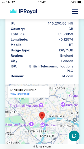 checking proxy configuration on iPhone with the IPRoyal IP Lookup page