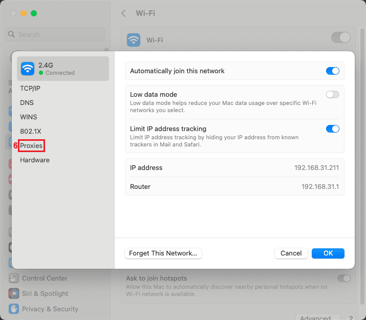 MacOS Sonoma active Wi-Fi network settings with Proxies selected