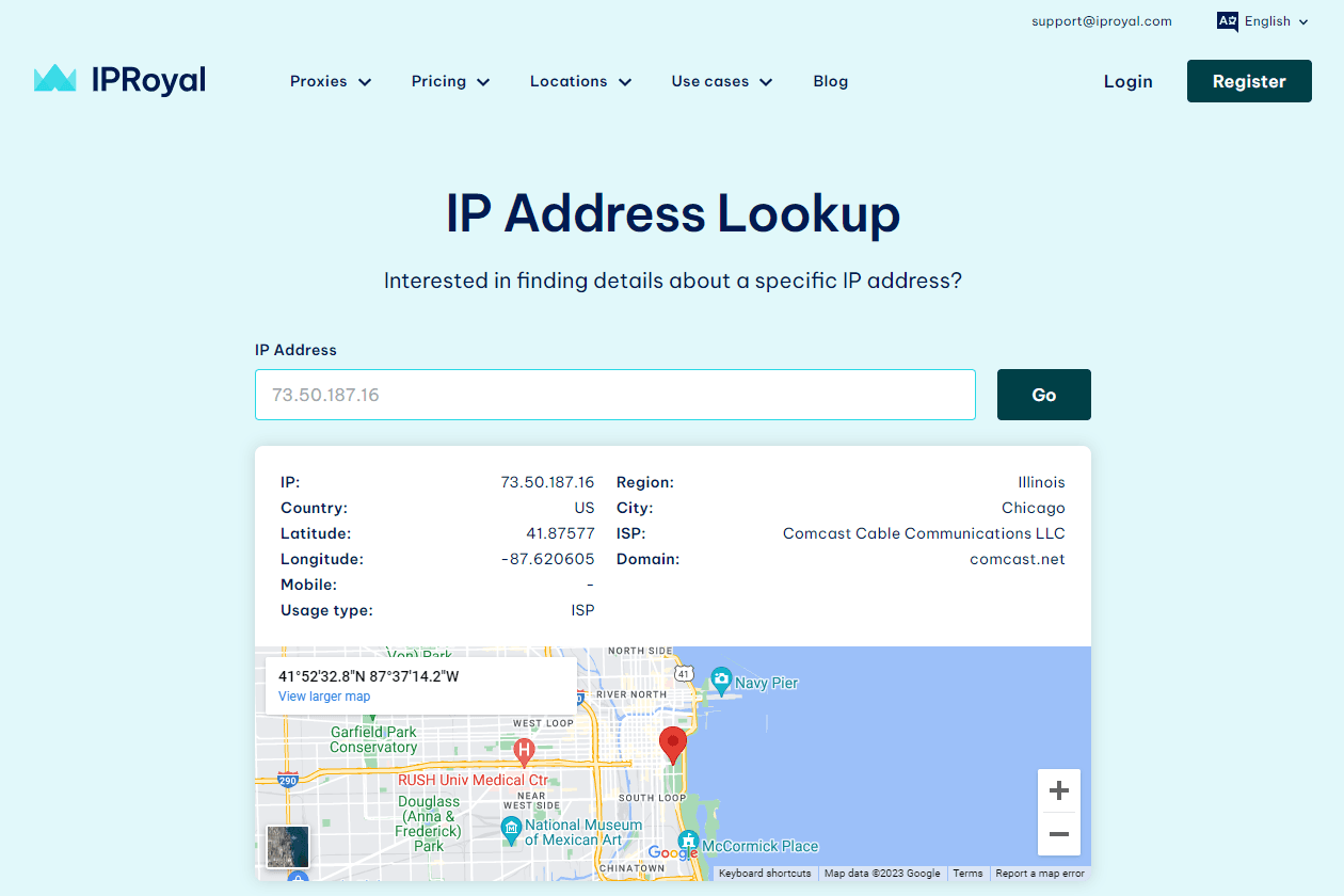 IPRoyal IP address lookup page