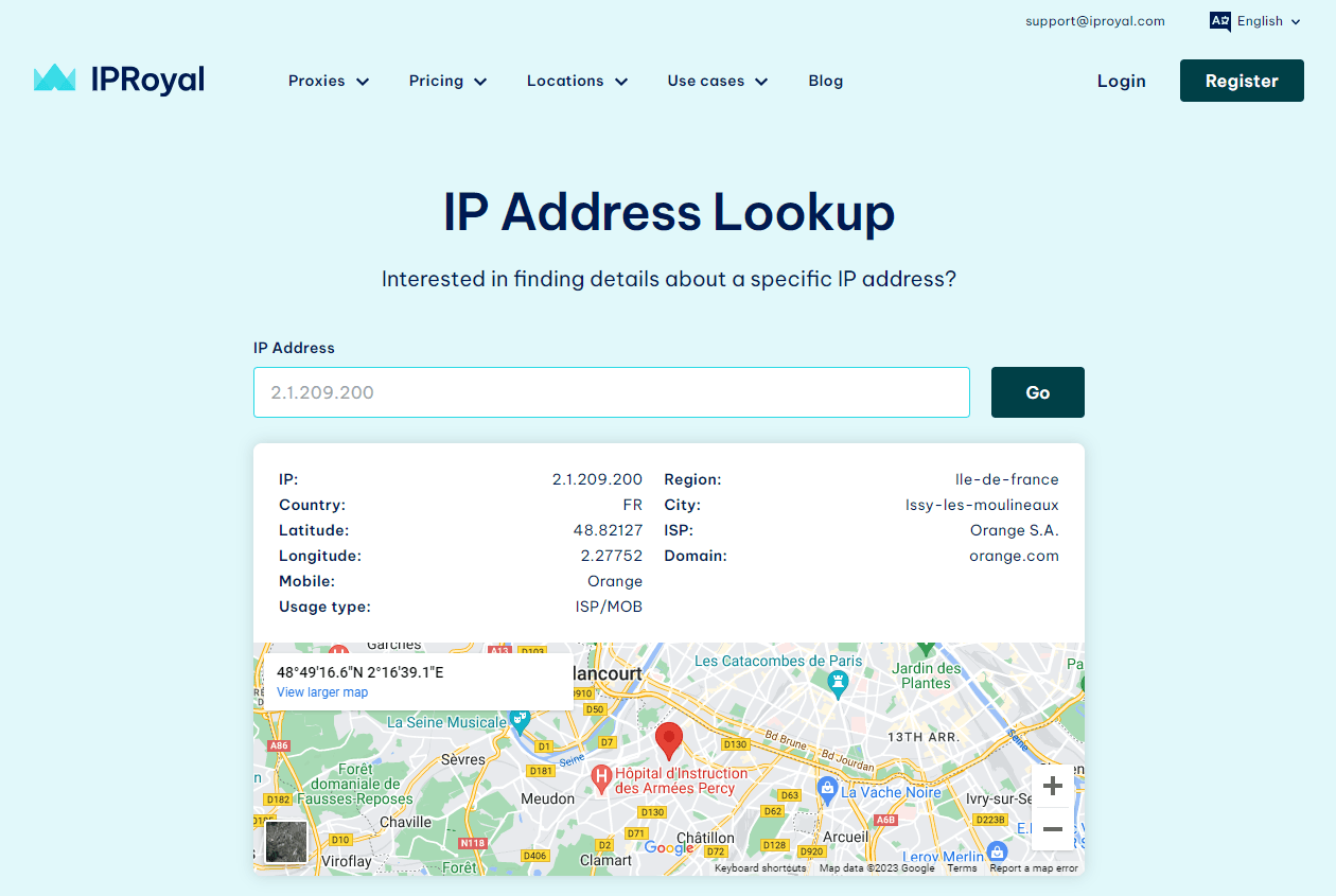 IPRoyal IP address lookup page