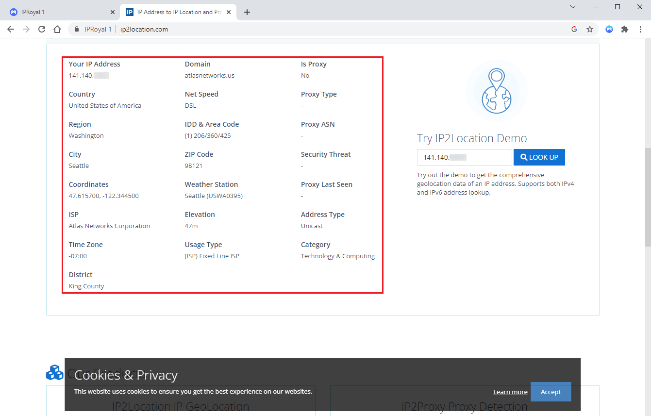 IPRoyal proxy details on ip2location.com