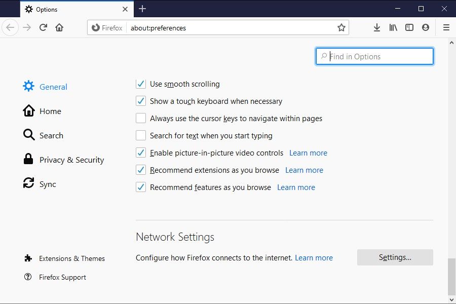 Connection settings in Firefox