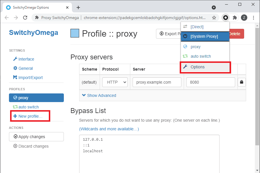 Proxy SwitchyOmega settings window