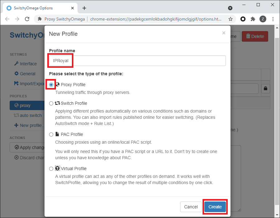 Setting up a new profile in Proxy SwitchyOmega