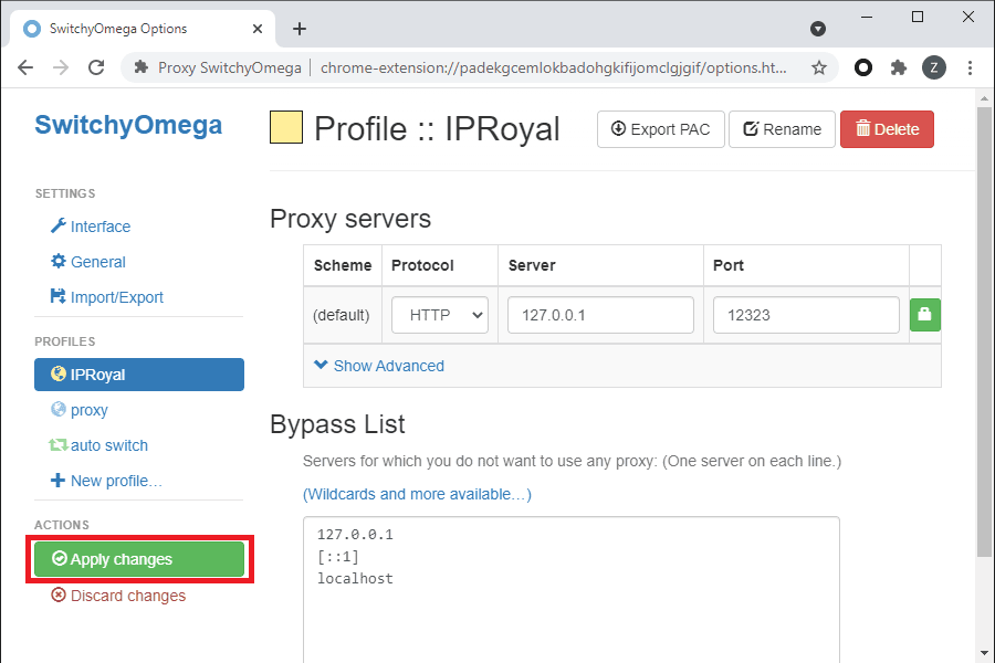 Pressing Apply changes will save your settings in Proxy SwitchyOmega