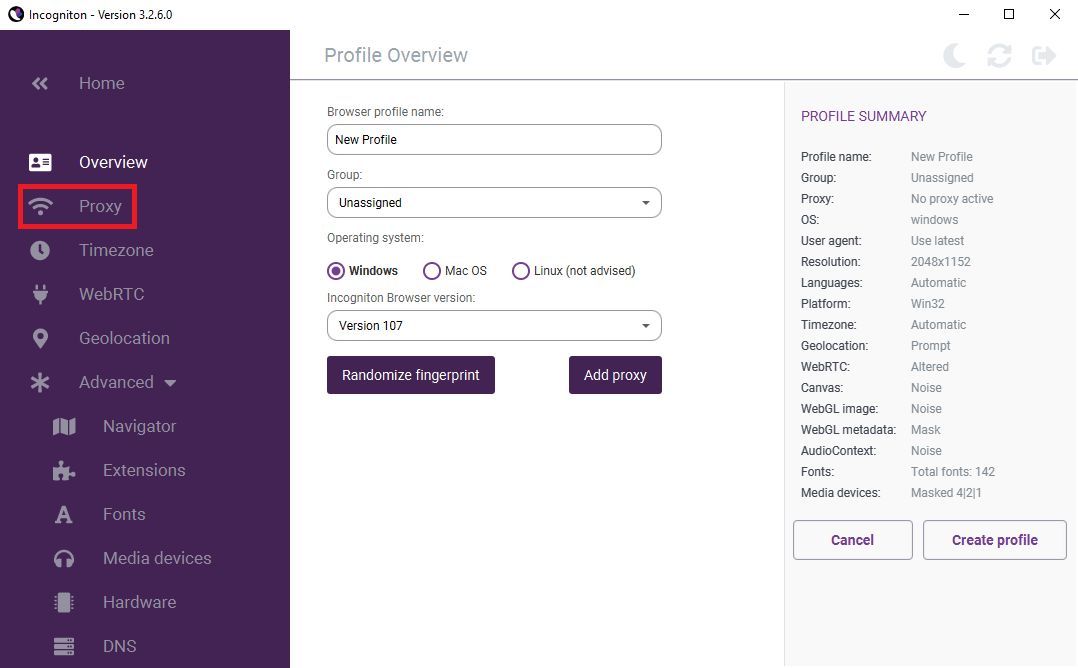 incogniton proxy settings