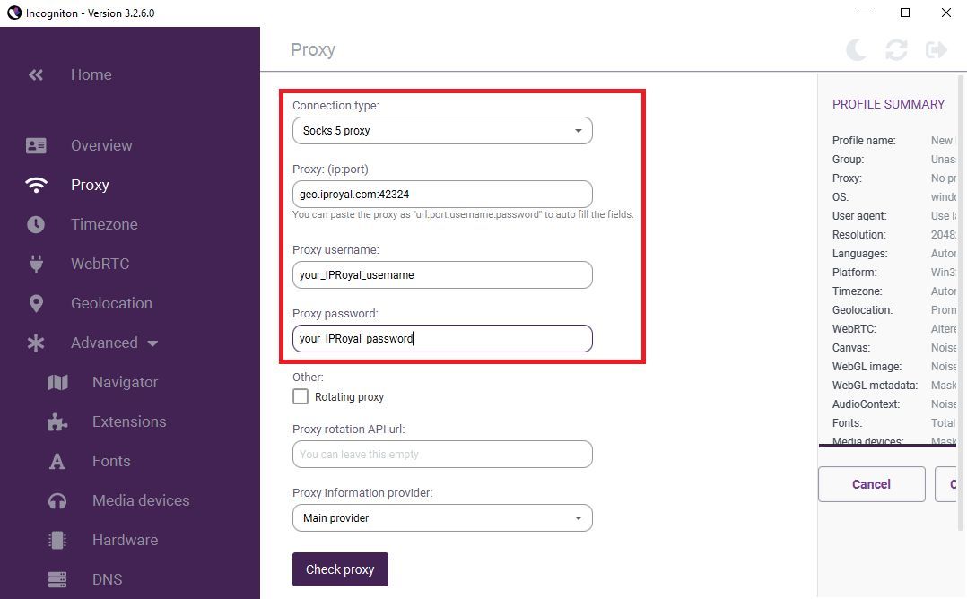 proxy credentials in incogniton