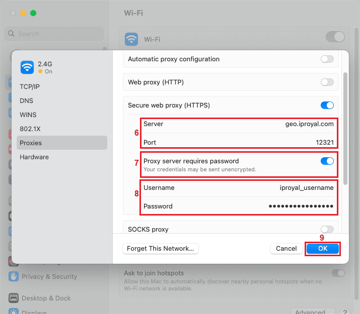 Proxies settings window on a Mac computer with a HTTPS proxy server configured