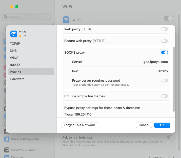 Correct SOCKS proxy settings for MacOS with IP whitelisting