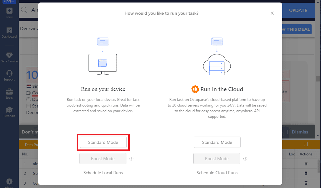 selecting task mode in Octoparse