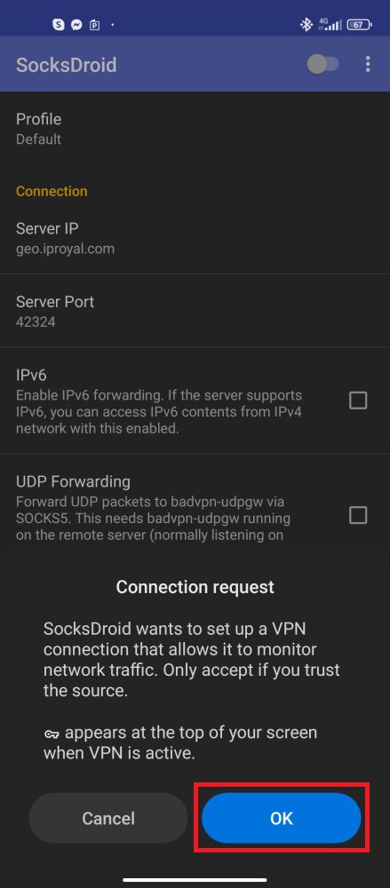 SocksDroid confirmation dialog