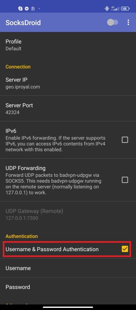 SocksDroid username &amp; password authentication