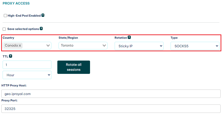 IPRoyal proxy location, rotation, and type settings