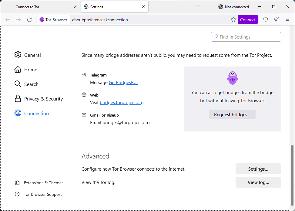 Tor browser connection settings