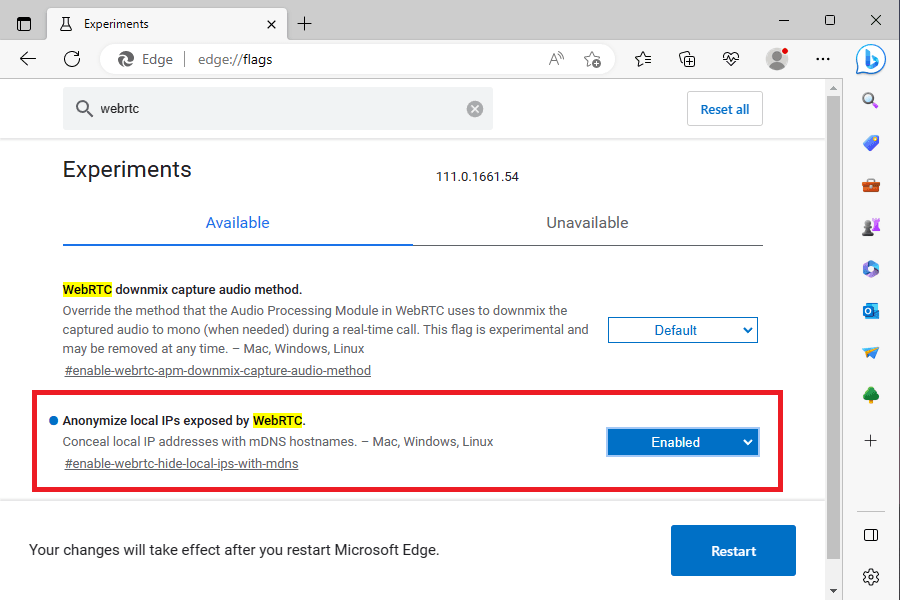 how to disable webrtc in microsoft edge
